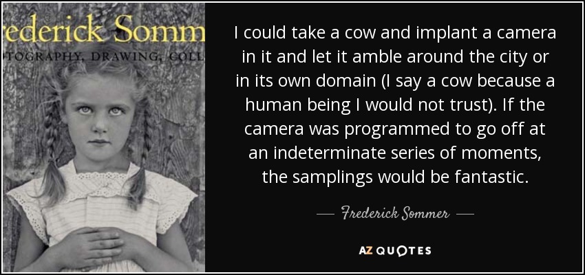 I could take a cow and implant a camera in it and let it amble around the city or in its own domain (I say a cow because a human being I would not trust). If the camera was programmed to go off at an indeterminate series of moments, the samplings would be fantastic. - Frederick Sommer