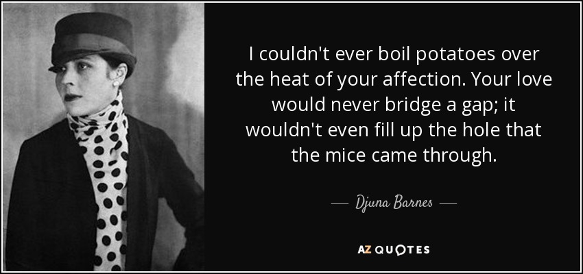 I couldn't ever boil potatoes over the heat of your affection. Your love would never bridge a gap; it wouldn't even fill up the hole that the mice came through. - Djuna Barnes
