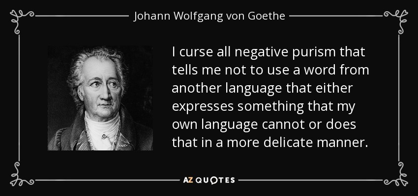 I curse all negative purism that tells me not to use a word from another language that either expresses something that my own language cannot or does that in a more delicate manner. - Johann Wolfgang von Goethe