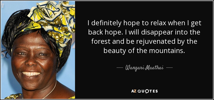 I definitely hope to relax when I get back hope. I will disappear into the forest and be rejuvenated by the beauty of the mountains. - Wangari Maathai