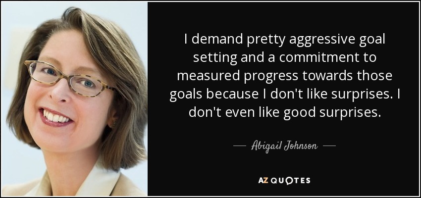 I demand pretty aggressive goal setting and a commitment to measured progress towards those goals because I don't like surprises. I don't even like good surprises. - Abigail Johnson
