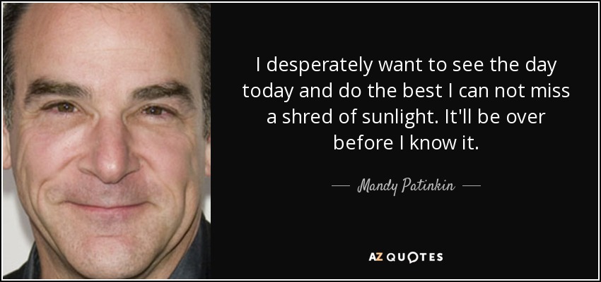 I desperately want to see the day today and do the best I can not miss a shred of sunlight. It'll be over before I know it. - Mandy Patinkin