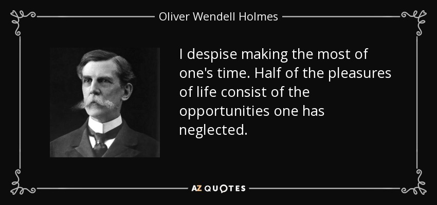 I despise making the most of one's time. Half of the pleasures of life consist of the opportunities one has neglected. - Oliver Wendell Holmes, Jr.