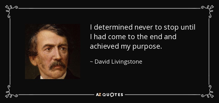I determined never to stop until I had come to the end and achieved my purpose. - David Livingstone