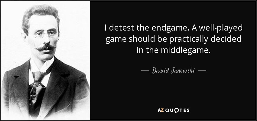 I detest the endgame. A well-played game should be practically decided in the middlegame. - Dawid Janowski