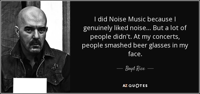I did Noise Music because I genuinely liked noise... But a lot of people didn't. At my concerts, people smashed beer glasses in my face. - Boyd Rice