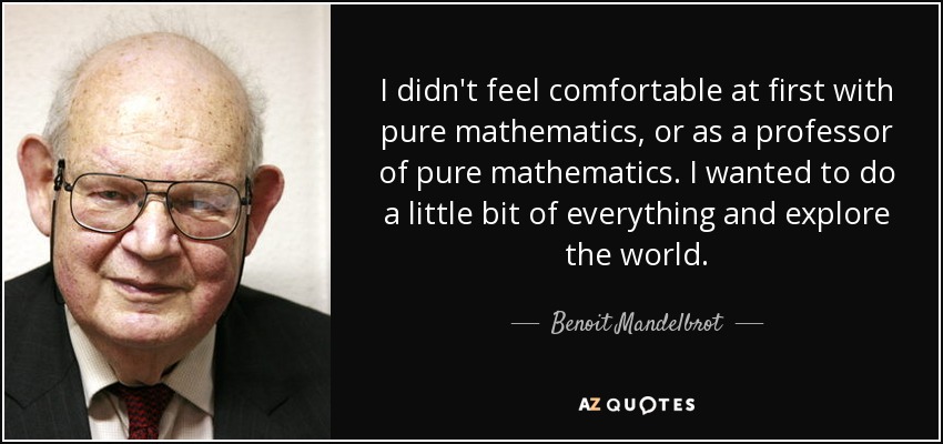 I didn't feel comfortable at first with pure mathematics, or as a professor of pure mathematics. I wanted to do a little bit of everything and explore the world. - Benoit Mandelbrot
