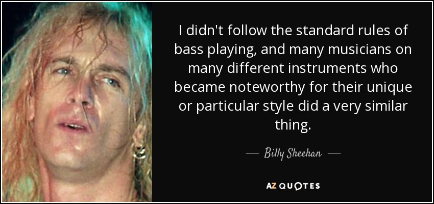 I didn't follow the standard rules of bass playing, and many musicians on many different instruments who became noteworthy for their unique or particular style did a very similar thing. - Billy Sheehan