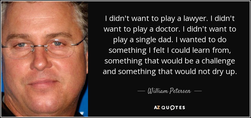 I didn't want to play a lawyer. I didn't want to play a doctor. I didn't want to play a single dad. I wanted to do something I felt I could learn from, something that would be a challenge and something that would not dry up. - William Petersen
