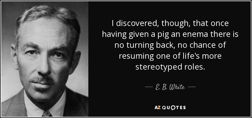 I discovered, though, that once having given a pig an enema there is no turning back, no chance of resuming one of life's more stereotyped roles. - E. B. White