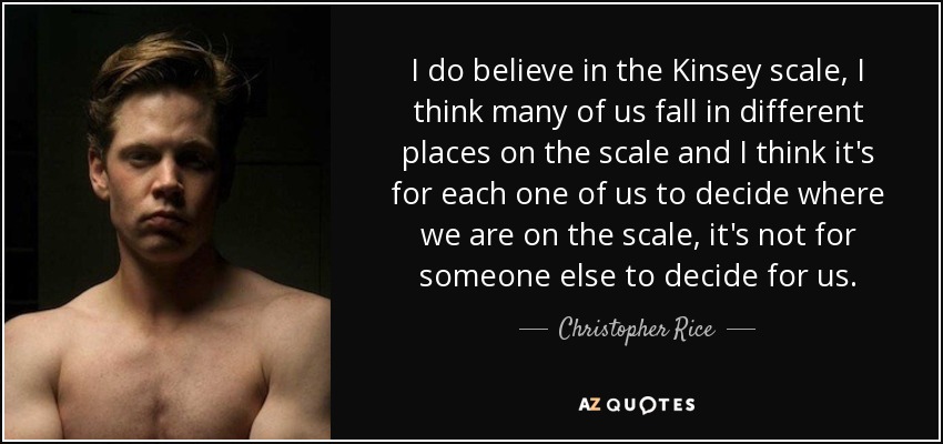 I do believe in the Kinsey scale, I think many of us fall in different places on the scale and I think it's for each one of us to decide where we are on the scale, it's not for someone else to decide for us. - Christopher Rice