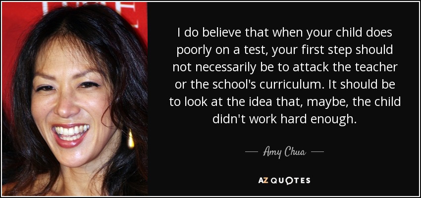 I do believe that when your child does poorly on a test, your first step should not necessarily be to attack the teacher or the school's curriculum. It should be to look at the idea that, maybe, the child didn't work hard enough. - Amy Chua