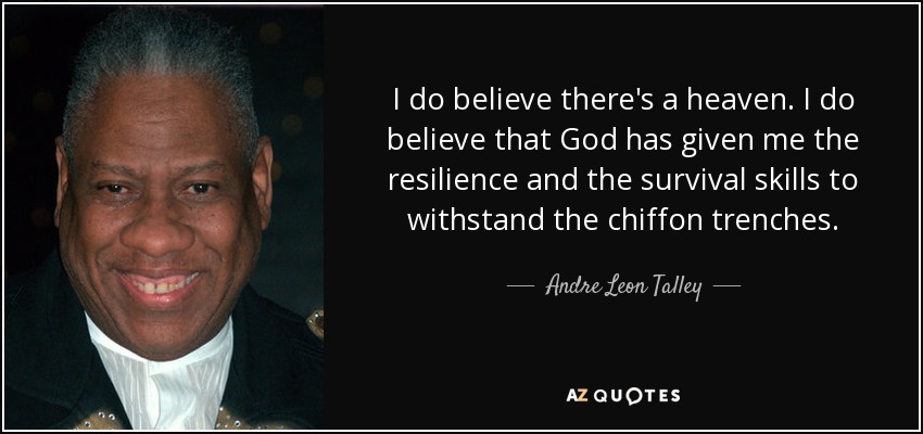 I do believe there's a heaven. I do believe that God has given me the resilience and the survival skills to withstand the chiffon trenches. - Andre Leon Talley