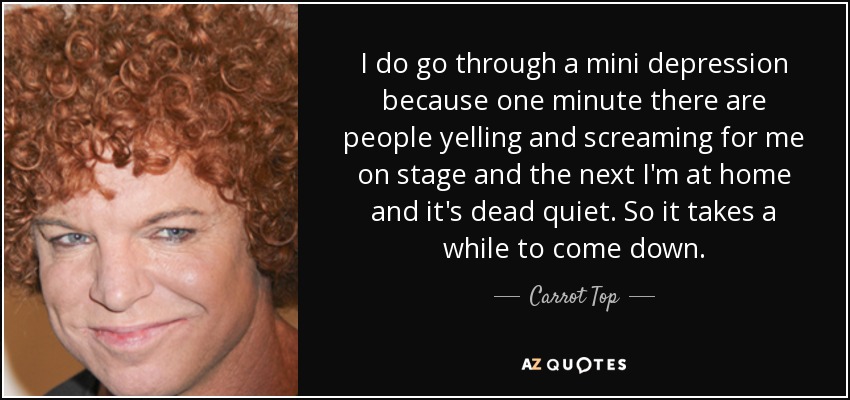 I do go through a mini depression because one minute there are people yelling and screaming for me on stage and the next I'm at home and it's dead quiet. So it takes a while to come down. - Carrot Top