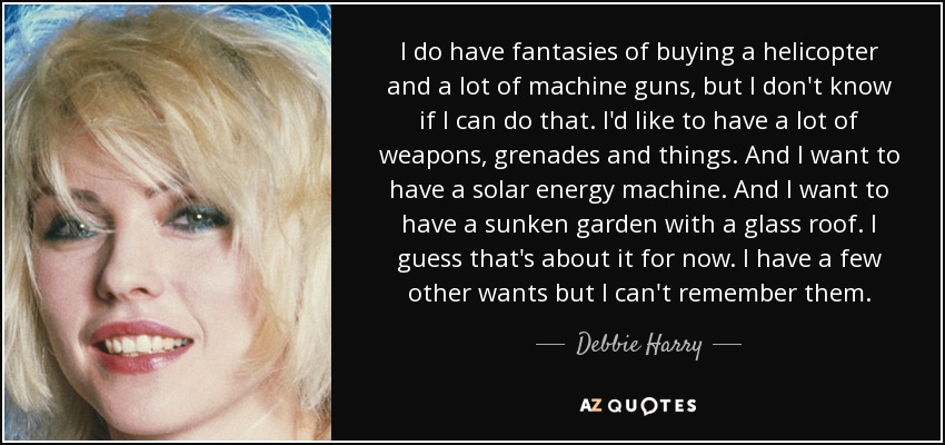 I do have fantasies of buying a helicopter and a lot of machine guns, but I don't know if I can do that. I'd like to have a lot of weapons, grenades and things. And I want to have a solar energy machine. And I want to have a sunken garden with a glass roof. I guess that's about it for now. I have a few other wants but I can't remember them. - Debbie Harry