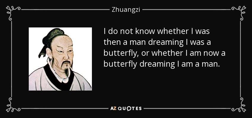 I do not know whether I was then a man dreaming I was a butterfly, or whether I am now a butterfly dreaming I am a man. - Zhuangzi