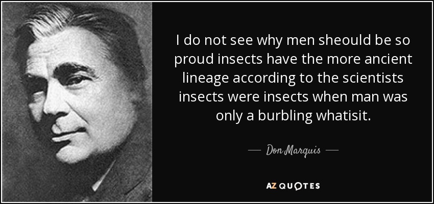 I do not see why men sheould be so proud insects have the more ancient lineage according to the scientists insects were insects when man was only a burbling whatisit. - Don Marquis