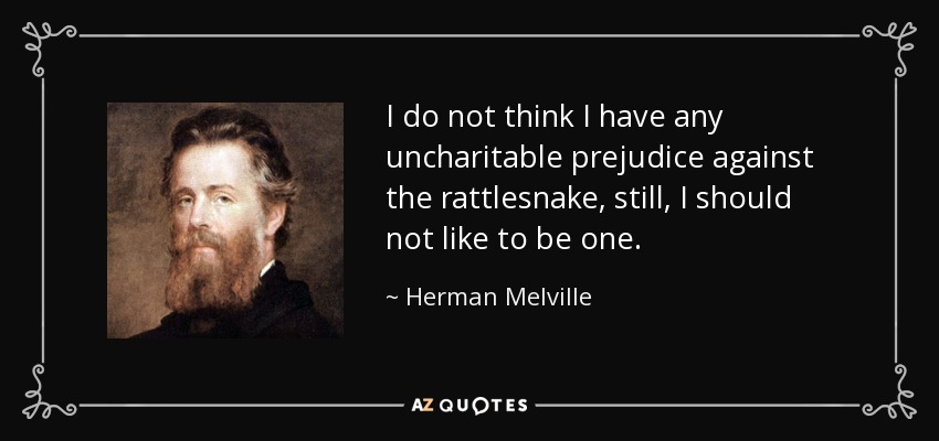 I do not think I have any uncharitable prejudice against the rattlesnake, still, I should not like to be one. - Herman Melville