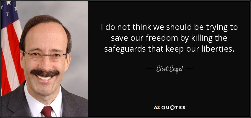 I do not think we should be trying to save our freedom by killing the safeguards that keep our liberties. - Eliot Engel
