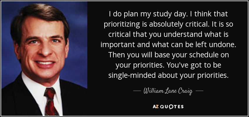 I do plan my study day. I think that prioritizing is absolutely critical. It is so critical that you understand what is important and what can be left undone. Then you will base your schedule on your priorities. You've got to be single-minded about your priorities. - William Lane Craig