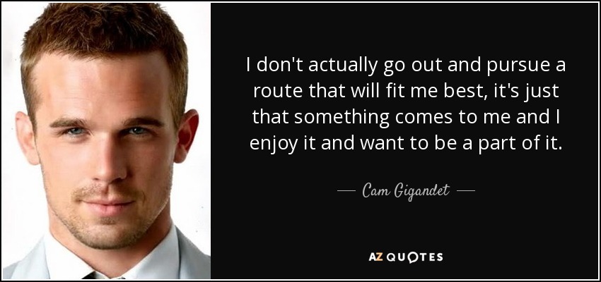 I don't actually go out and pursue a route that will fit me best, it's just that something comes to me and I enjoy it and want to be a part of it. - Cam Gigandet