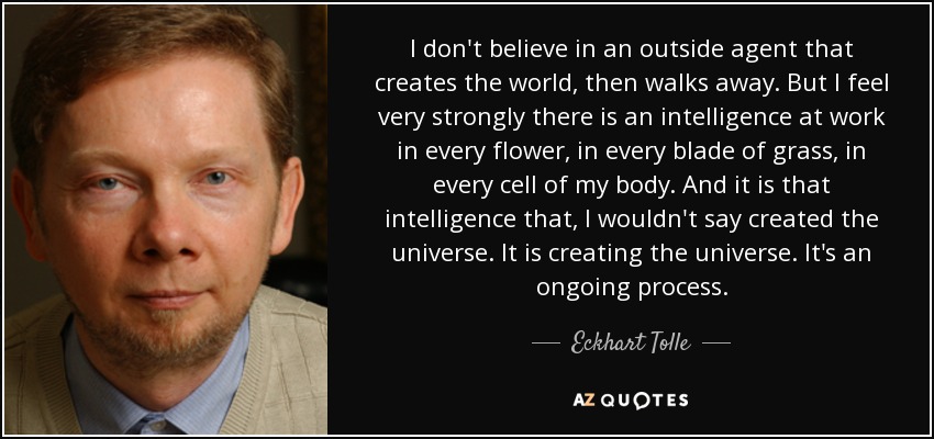 I don't believe in an outside agent that creates the world, then walks away. But I feel very strongly there is an intelligence at work in every flower, in every blade of grass, in every cell of my body. And it is that intelligence that, I wouldn't say created the universe. It is creating the universe. It's an ongoing process. - Eckhart Tolle
