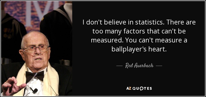 I don't believe in statistics. There are too many factors that can't be measured. You can't measure a ballplayer's heart. - Red Auerbach