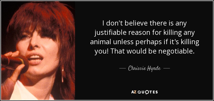 I don't believe there is any justifiable reason for killing any animal unless perhaps if it's killing you! That would be negotiable. - Chrissie Hynde