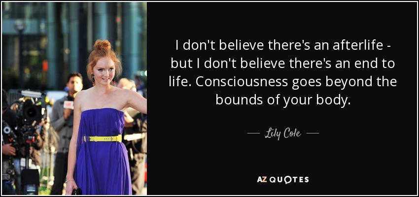 I don't believe there's an afterlife - but I don't believe there's an end to life. Consciousness goes beyond the bounds of your body. - Lily Cole