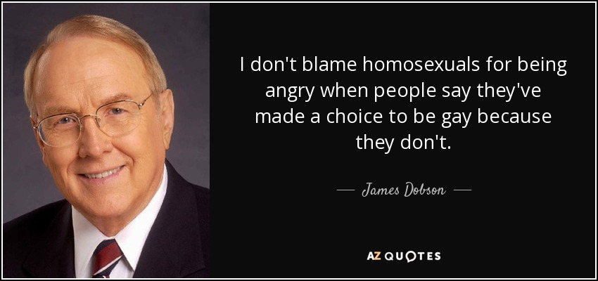 I don't blame homosexuals for being angry when people say they've made a choice to be gay because they don't. - James Dobson