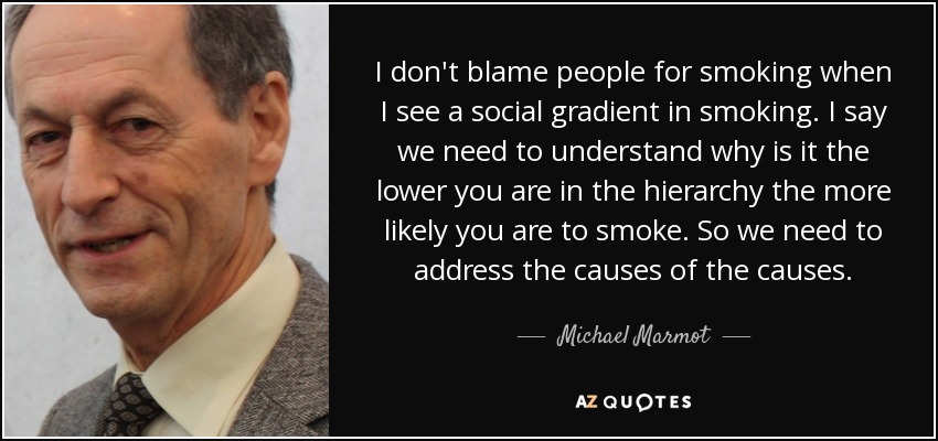 I don't blame people for smoking when I see a social gradient in smoking. I say we need to understand why is it the lower you are in the hierarchy the more likely you are to smoke. So we need to address the causes of the causes. - Michael Marmot