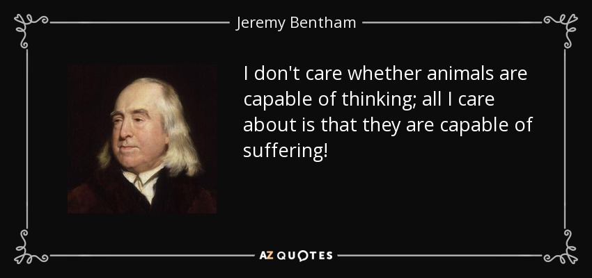 I don't care whether animals are capable of thinking; all I care about is that they are capable of suffering! - Jeremy Bentham