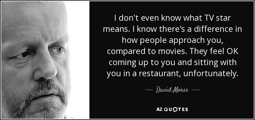 I don't even know what TV star means. I know there's a difference in how people approach you, compared to movies. They feel OK coming up to you and sitting with you in a restaurant, unfortunately. - David Morse