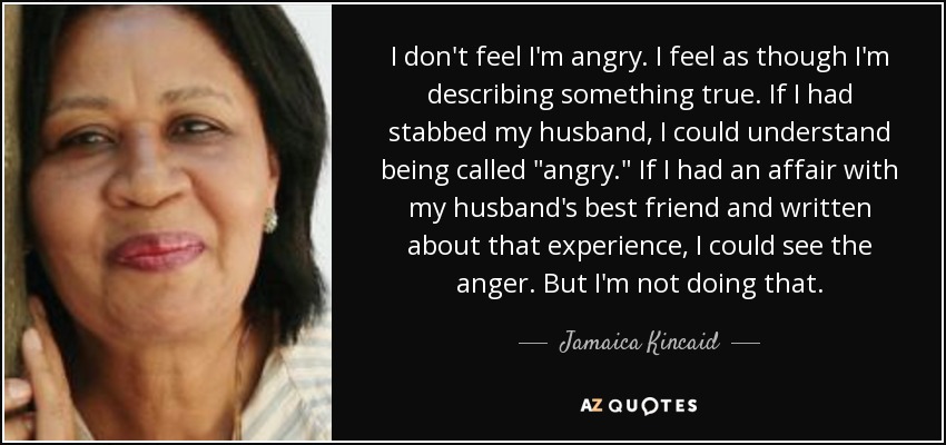 I don't feel I'm angry. I feel as though I'm describing something true. If I had stabbed my husband, I could understand being called 