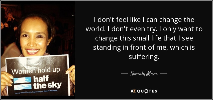 I don't feel like I can change the world. I don't even try. I only want to change this small life that I see standing in front of me, which is suffering. - Somaly Mam