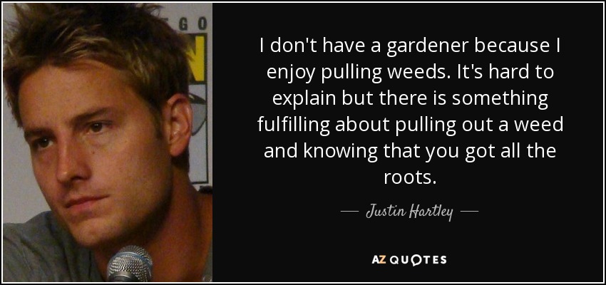 I don't have a gardener because I enjoy pulling weeds. It's hard to explain but there is something fulfilling about pulling out a weed and knowing that you got all the roots. - Justin Hartley