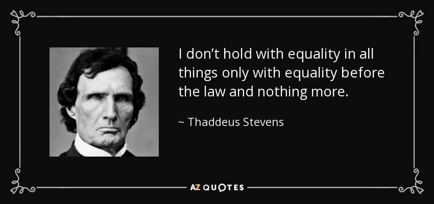 I don’t hold with equality in all things only with equality before the law and nothing more. - Thaddeus Stevens