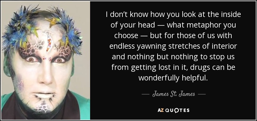 I don’t know how you look at the inside of your head — what metaphor you choose — but for those of us with endless yawning stretches of interior and nothing but nothing to stop us from getting lost in it, drugs can be wonderfully helpful. - James St. James
