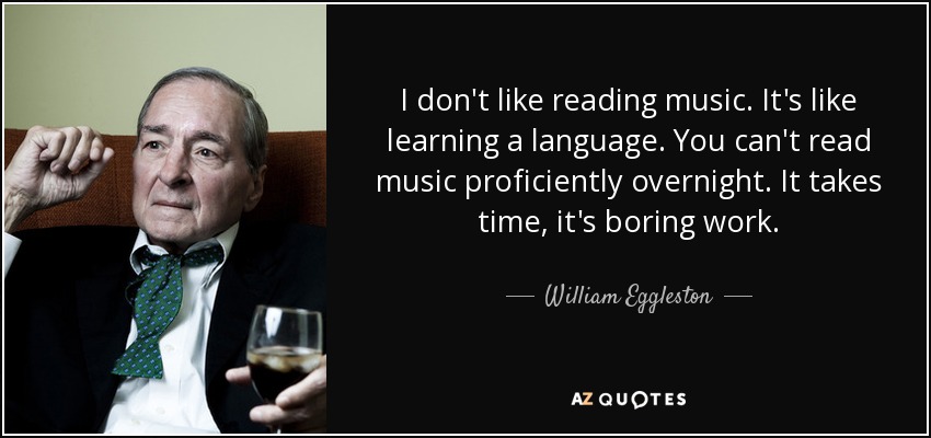 I don't like reading music. It's like learning a language. You can't read music proficiently overnight. It takes time, it's boring work. - William Eggleston