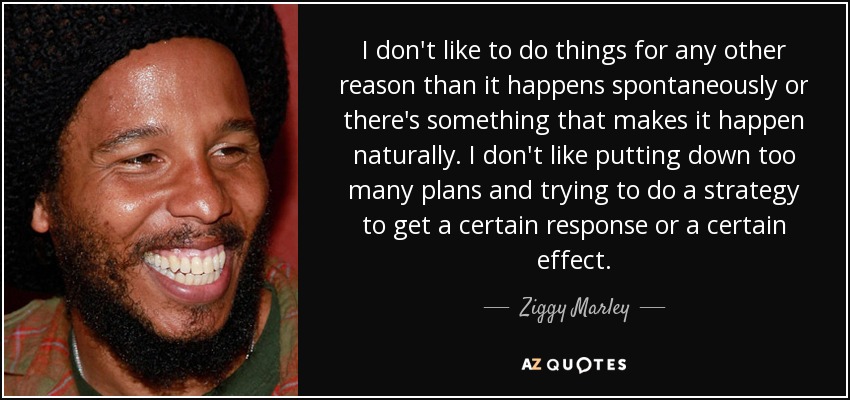 I don't like to do things for any other reason than it happens spontaneously or there's something that makes it happen naturally. I don't like putting down too many plans and trying to do a strategy to get a certain response or a certain effect. - Ziggy Marley