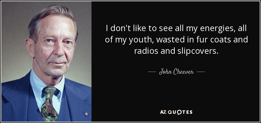 I don't like to see all my energies, all of my youth, wasted in fur coats and radios and slipcovers. - John Cheever