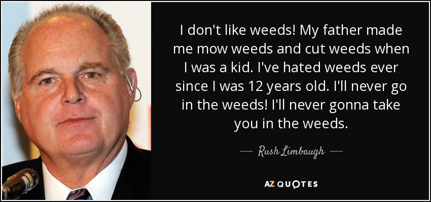 I don't like weeds! My father made me mow weeds and cut weeds when I was a kid. I've hated weeds ever since I was 12 years old. I'll never go in the weeds! I'll never gonna take you in the weeds. - Rush Limbaugh