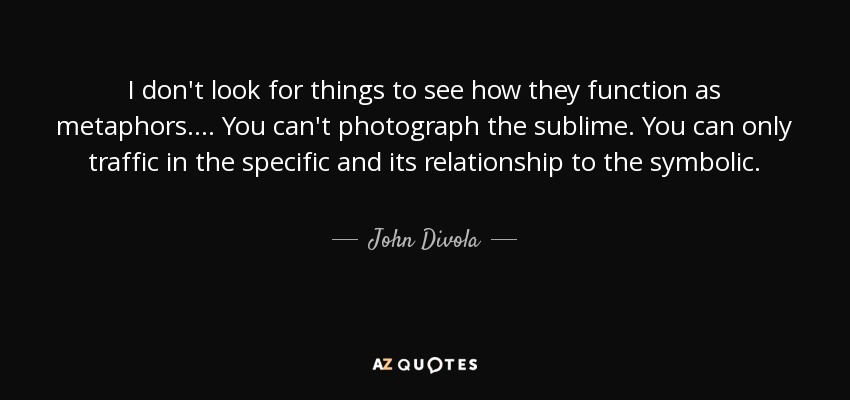 I don't look for things to see how they function as metaphors.... You can't photograph the sublime. You can only traffic in the specific and its relationship to the symbolic. - John Divola