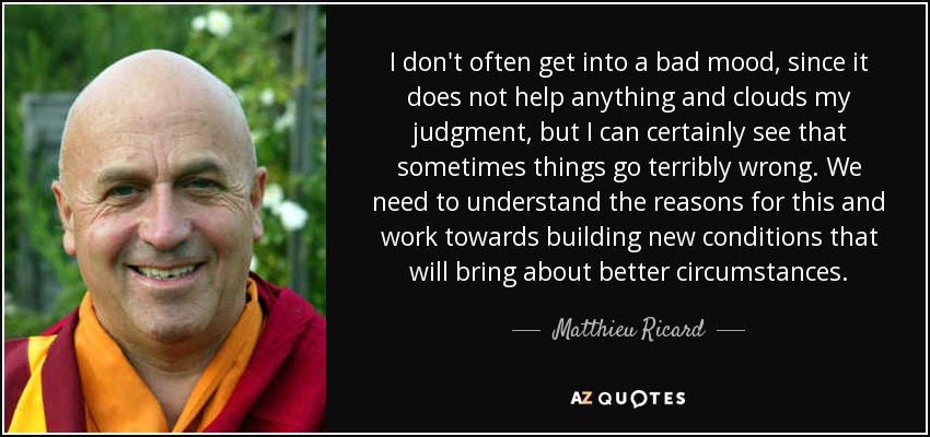 I don't often get into a bad mood, since it does not help anything and clouds my judgment, but I can certainly see that sometimes things go terribly wrong. We need to understand the reasons for this and work towards building new conditions that will bring about better circumstances. - Matthieu Ricard
