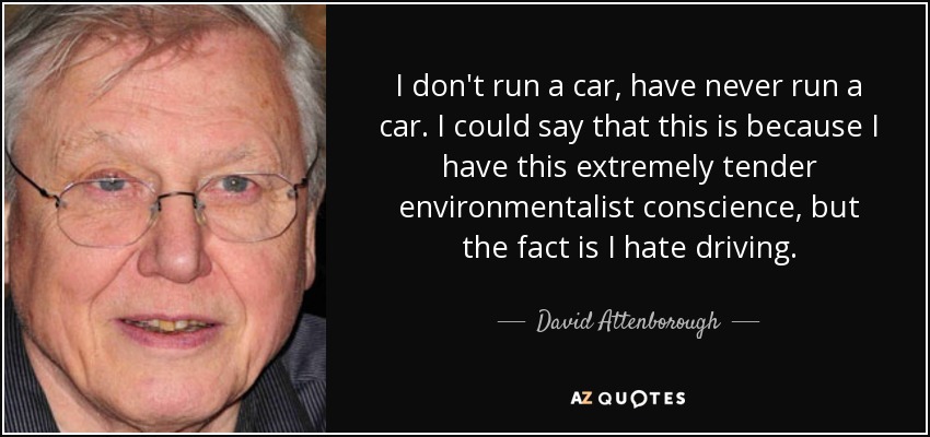 I don't run a car, have never run a car. I could say that this is because I have this extremely tender environmentalist conscience, but the fact is I hate driving. - David Attenborough