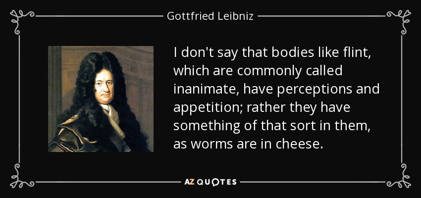 I don't say that bodies like flint, which are commonly called inanimate, have perceptions and appetition; rather they have something of that sort in them, as worms are in cheese. - Gottfried Leibniz