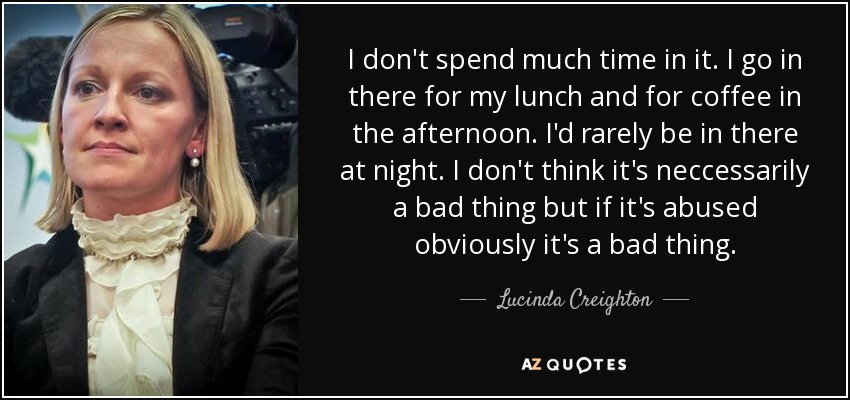 I don't spend much time in it. I go in there for my lunch and for coffee in the afternoon. I'd rarely be in there at night. I don't think it's neccessarily a bad thing but if it's abused obviously it's a bad thing. - Lucinda Creighton