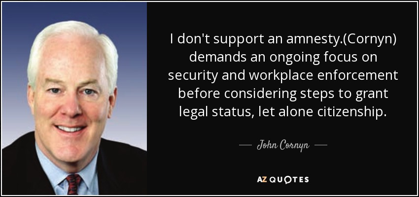 I don't support an amnesty.(Cornyn) demands an ongoing focus on security and workplace enforcement before considering steps to grant legal status, let alone citizenship. - John Cornyn