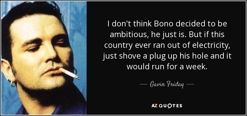 I don't think Bono decided to be ambitious, he just is. But if this country ever ran out of electricity, just shove a plug up his hole and it would run for a week. - Gavin Friday