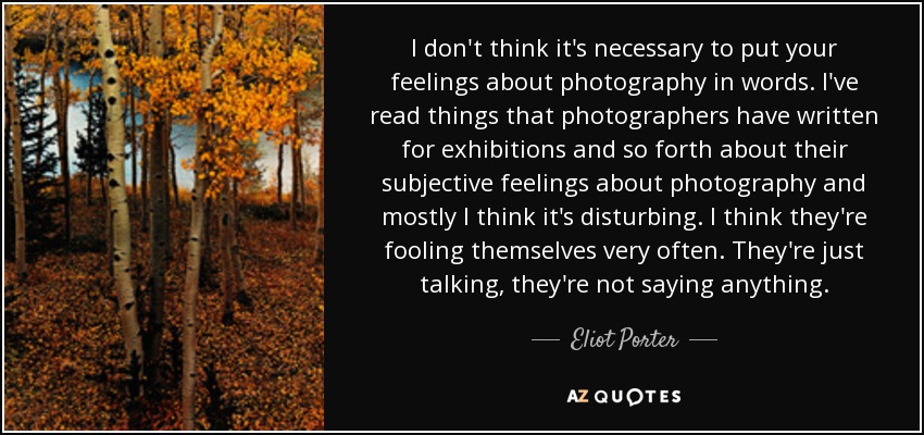 I don't think it's necessary to put your feelings about photography in words. I've read things that photographers have written for exhibitions and so forth about their subjective feelings about photography and mostly I think it's disturbing. I think they're fooling themselves very often. They're just talking, they're not saying anything. - Eliot Porter